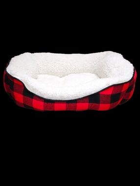 Red & Black Plaid Pet Cat Dog Bed with Cream Colored Sherpa Interior NWOT